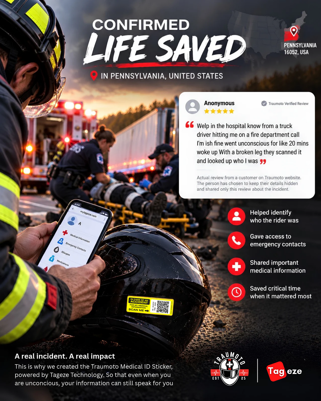 Motorcycle accident emergency assistance showing a bystander scanning a Tageze Medical ID helmet sticker to access the rider’s emergency information.